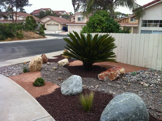 Front garden with boulders and planting